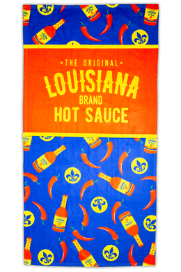 The Original Louisiana Brand Hot sauce, beach towel, Bottle of hot sauce and red hot peppers beach towel