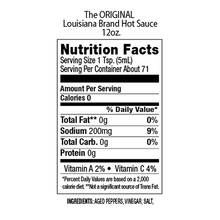 Load image into Gallery viewer, The Original Louisiana Brand Hot sauce, Nutrition Facts: Serving size 1 TSP (5ML), Amount of Calories Per serving: 0, Sodium: 200mg, Protein: 0g, Vitamin A 2%, Vitamin C 4%
