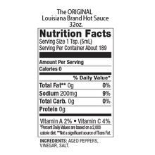 Load image into Gallery viewer, The Original Louisiana Brand Hot sauce, Nutrition Facts: Serving size 1 TSP (5ML), Amount of Calories Per serving: 0, Sodium: 200mg, Protein: 0g, Vitamin A 2%, Vitamin C 4%
