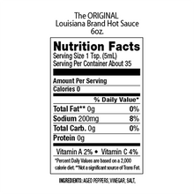 Load image into Gallery viewer, The Original Louisiana Brand Hot sauce, Nutrition Facts: Serving size 1 TSP (5ML), Amount of Calories Per serving: 0, Sodium: 200mg, Protein: 0g, Vitamin A 2%, Vitamin C 4%
